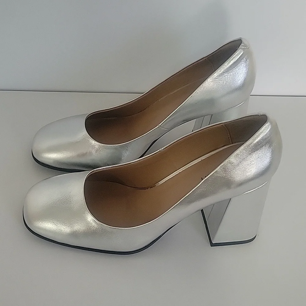 Silver womans high heel chunky heel square toe pumps party dress - Picture 5 of 8